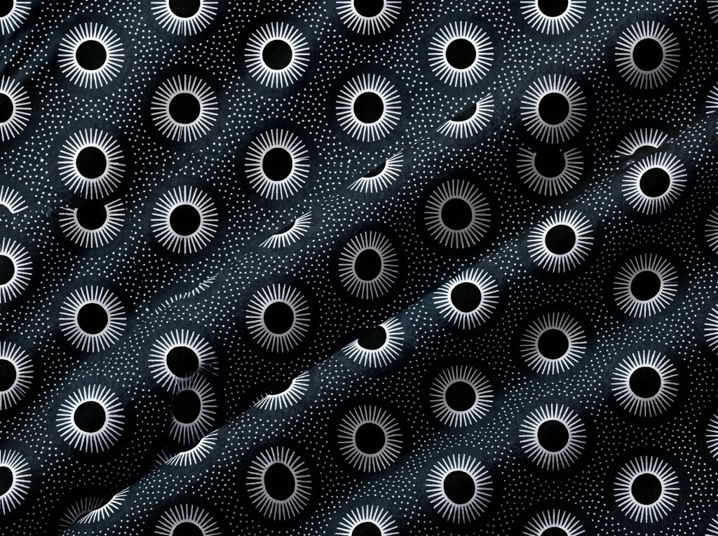 Black and white fabric featuring a repeating pattern of stylized sunburst eyes and small stars, with a diagonal satin-like sheen.